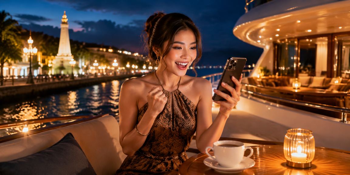 Pengguna menikmati permainan casino mobile sambil minum kopi di kafe modern