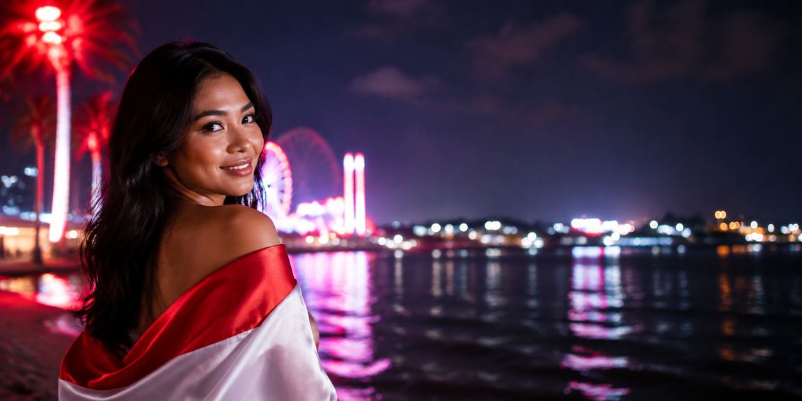 Suasana pantai Indonesia dengan nuansa festival lotre yang meriah dan penuh semangat